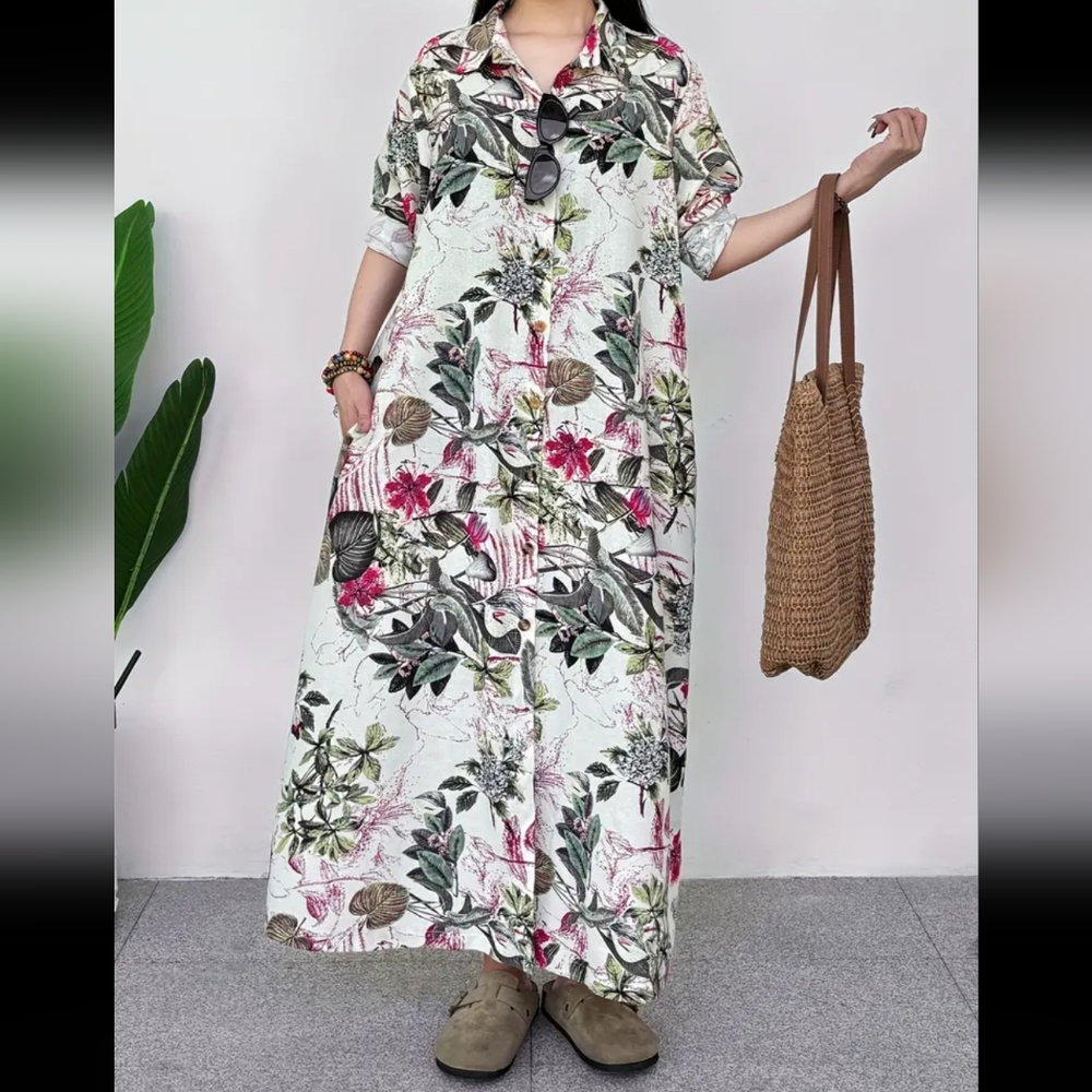 Floral Print Linen/Viscose Maxi Dress With Long Roll Up Sleeves - Picture 5 of 9